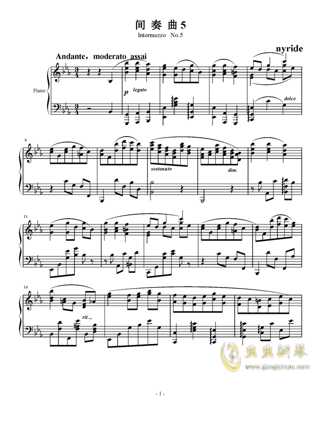 间奏曲5钢琴谱_eb调独奏谱__钢琴独奏视频_原版钢琴谱