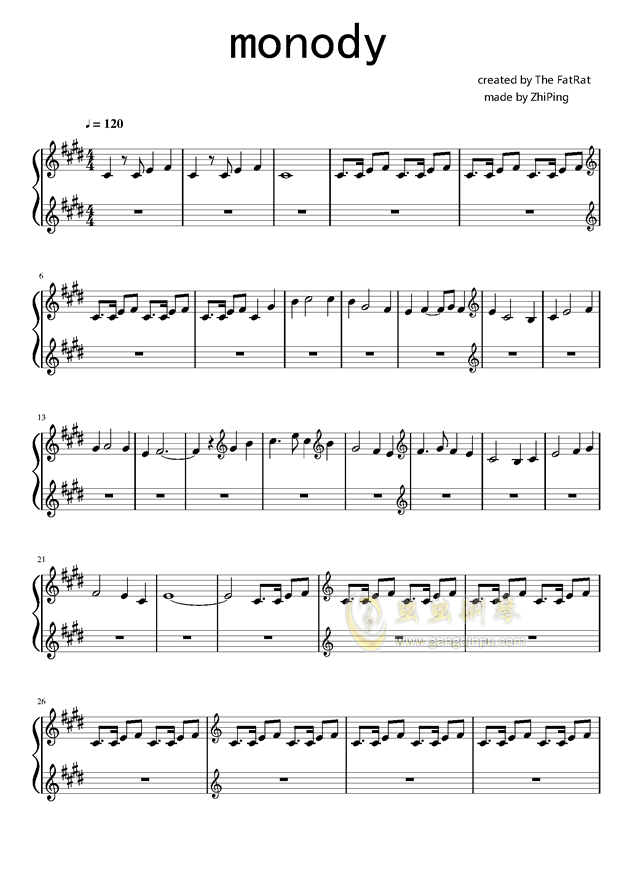 monody,monody钢琴谱,monodye大调钢琴谱,monody钢琴