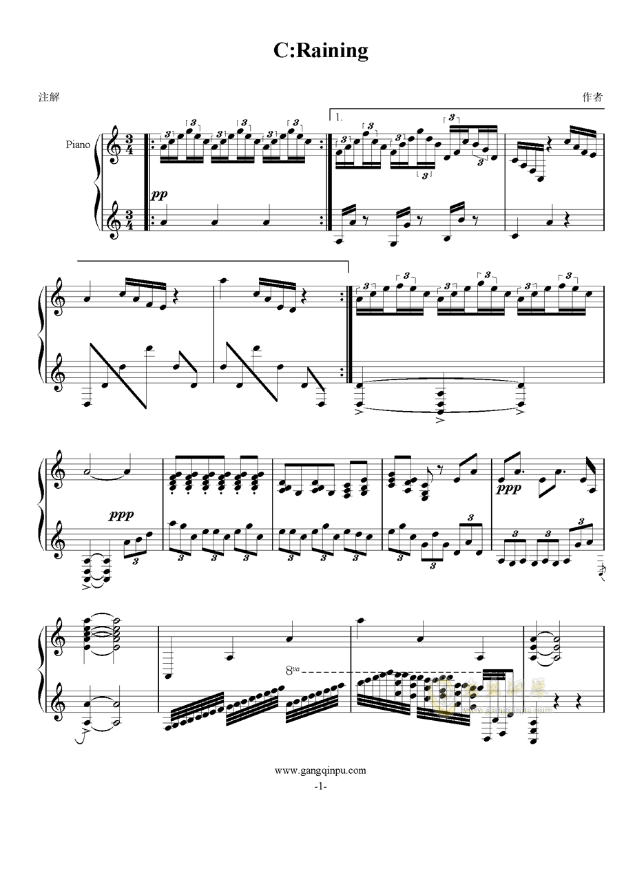 c:raining钢琴简谱 数字双手