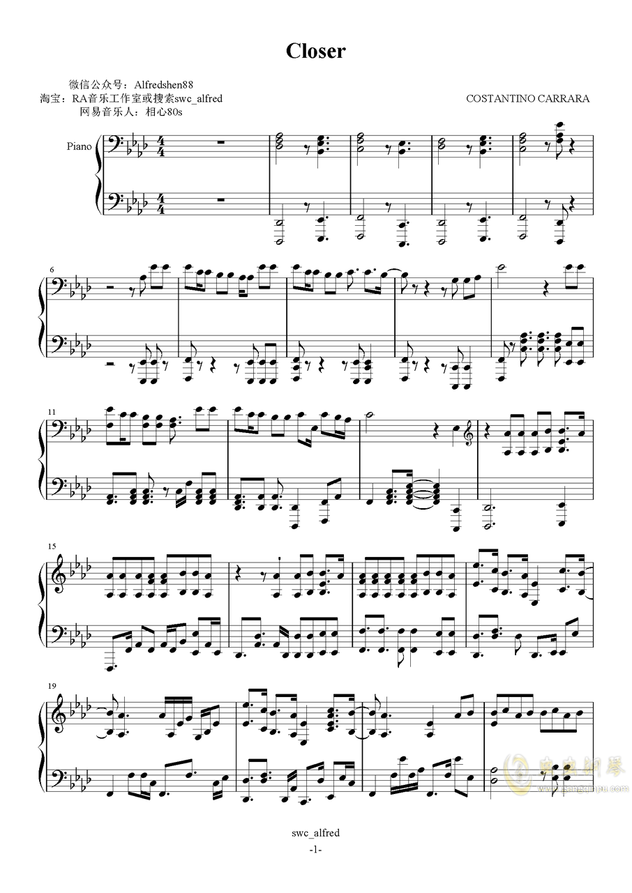 closer,closer钢琴谱,closerab调钢琴谱,closer钢琴谱大全,虫虫钢琴谱