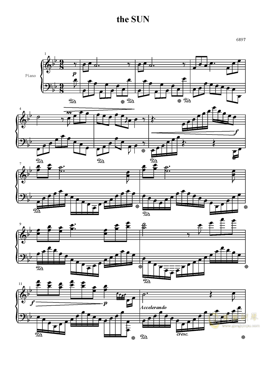 太阳,太阳钢琴谱,太阳bb调钢琴谱,太阳钢琴谱大全,谱