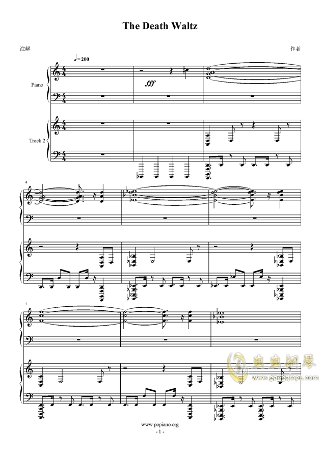 死亡華爾茲四手聯彈,死亡華爾茲四手聯彈鋼琴譜,死亡華爾茲四手聯彈c