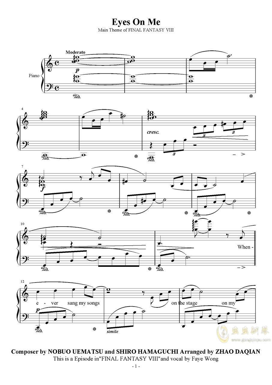 Eyes On Me钢琴谱 C调独奏谱 王菲 那英 钢琴独奏视频 原版钢琴谱 虫虫吉他 钢琴谱 吉他谱 尤克里里谱 简谱 古筝谱 钢琴曲 乐谱 曲谱 五线谱 六线谱 高清免费下载